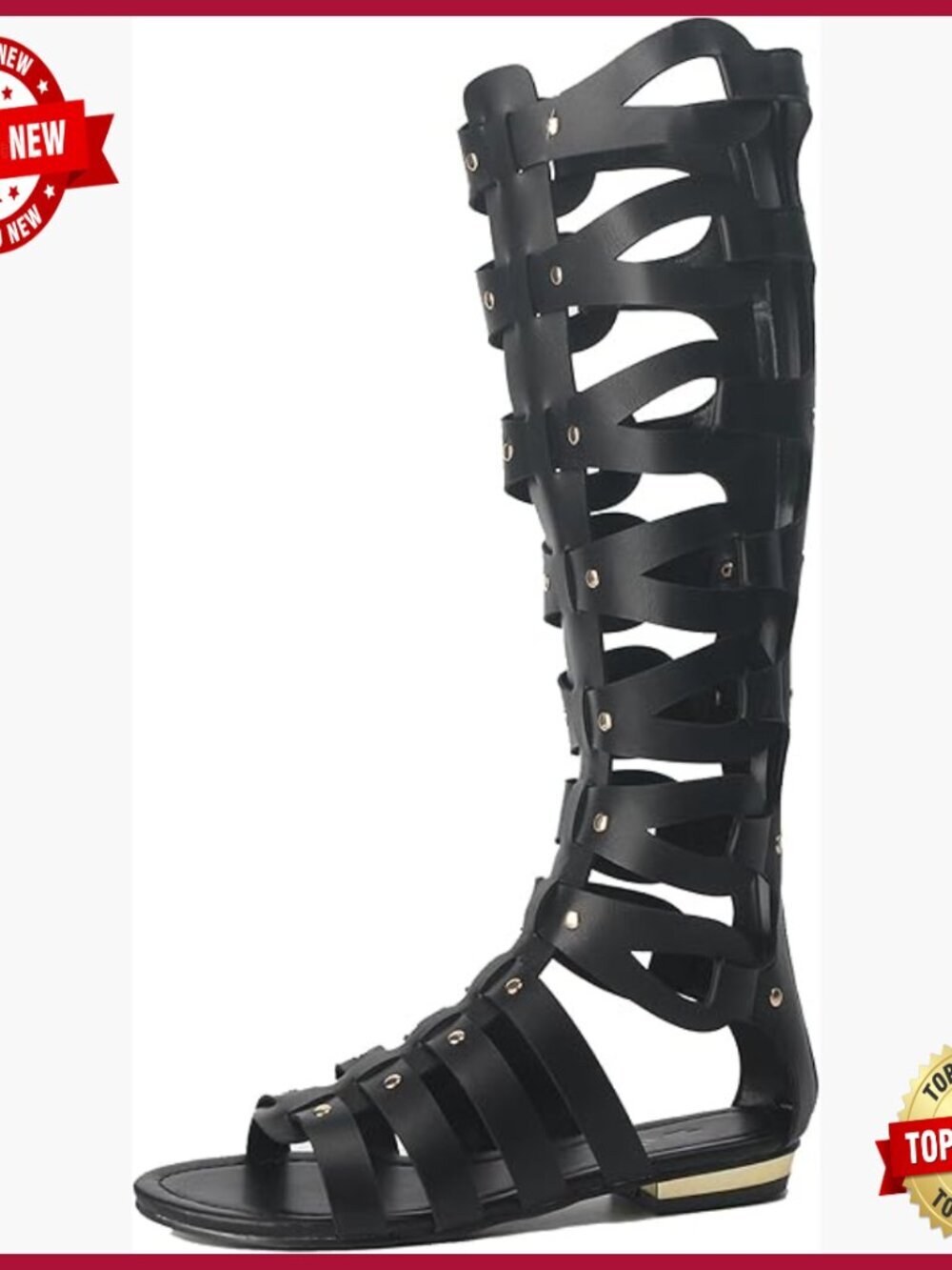 Knee High Gladiator Sandals Women Cut Out Flat Roman Boots Strappy Studded